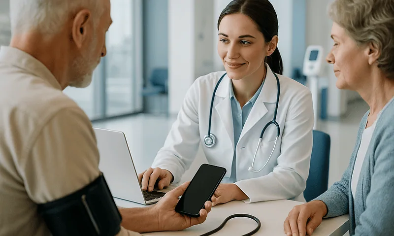 Doctor consulting with elderly patient and caregiver in hospital setting.