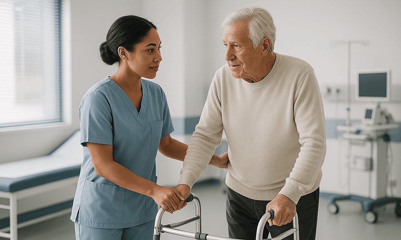 Nurse assisting elderly patient with walker in hospital room.