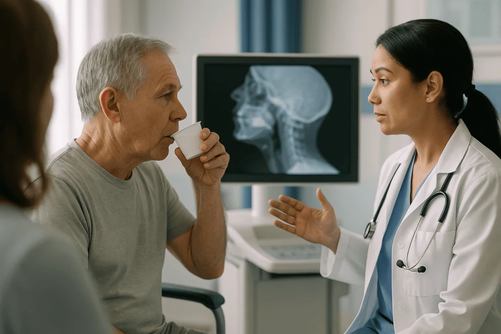 Doctor consulting elderly patient with skull X-ray displayed: Modified barium swallow test (videofluoroscopy): what the movi