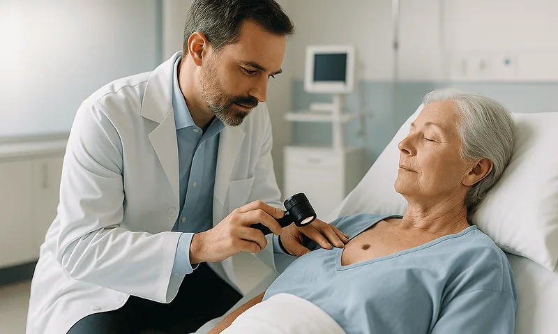 Doctor examining elderly woman's skin with dermatoscope in hospital.