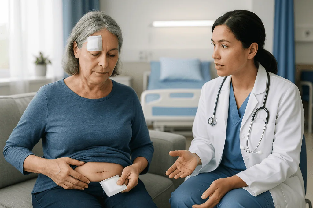 Doctor consulting with older patient about abdominal wound: Mohs surgery recovery hour by hour: the first 48 hours at home