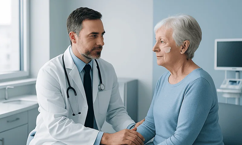 Doctor consulting with elderly patient in a medical office.