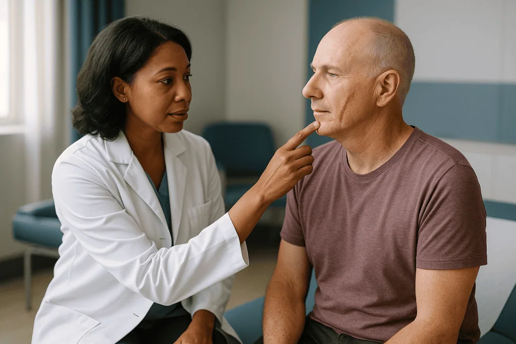 Doctor examining patient's face during consultation: Mohs surgery scar timeline, weeks two to twelve: red, raised and firm i