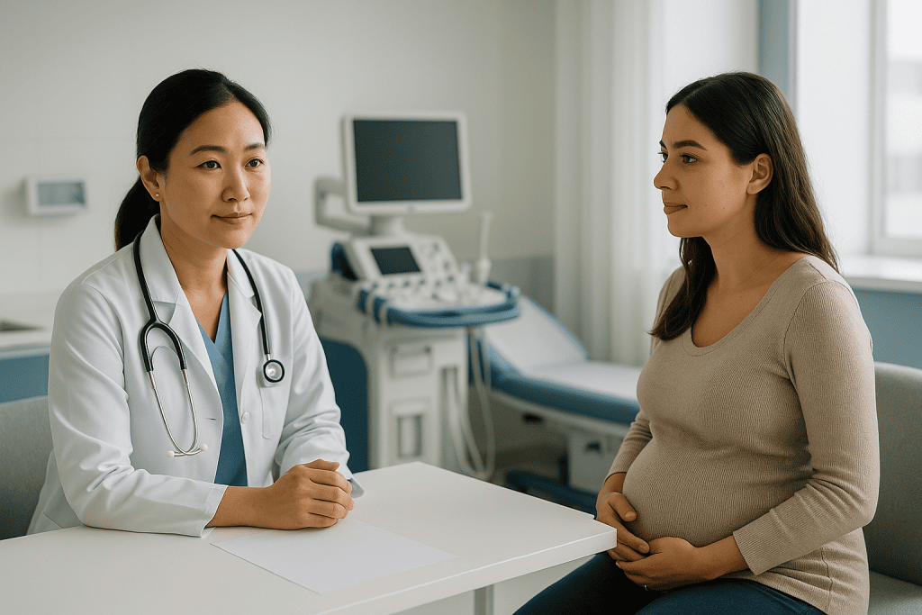 Molar Pregnancy 1 Doctor consulting pregnant woman in a hospital room with medical equipment.