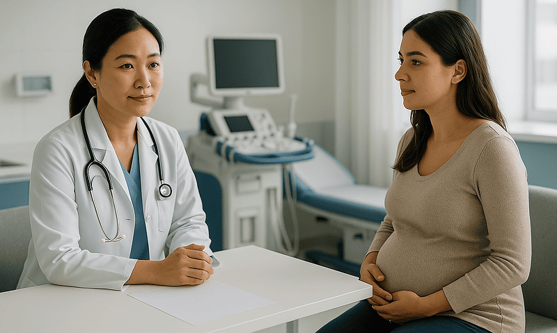 Doctor consulting pregnant woman in a hospital room with medical equipment.