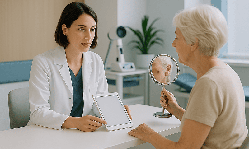 Dermatologist consulting with elderly patient about mole removal options.