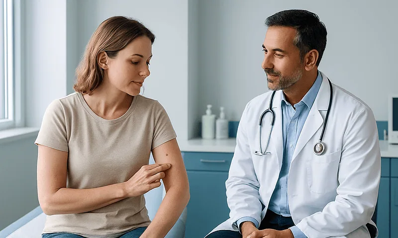 Doctor consulting with a patient about mole removal aftercare.