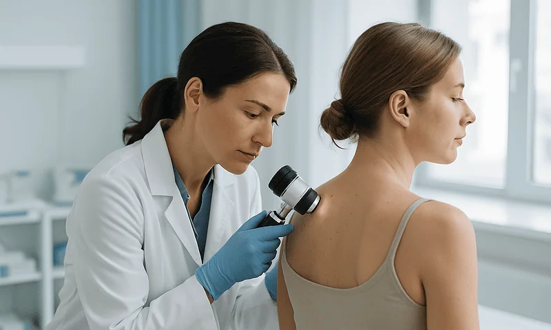 Dermatologist examines a mole on a woman's shoulder with a dermatoscope.
