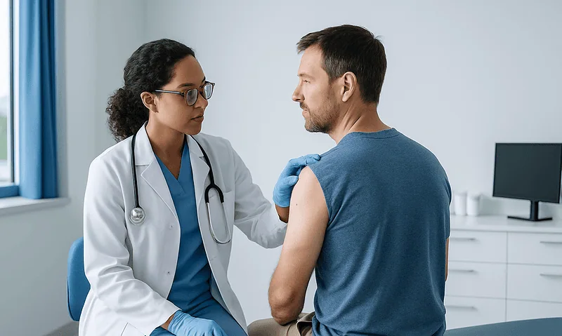Doctor examining a patient's shoulder in a medical consultation room.