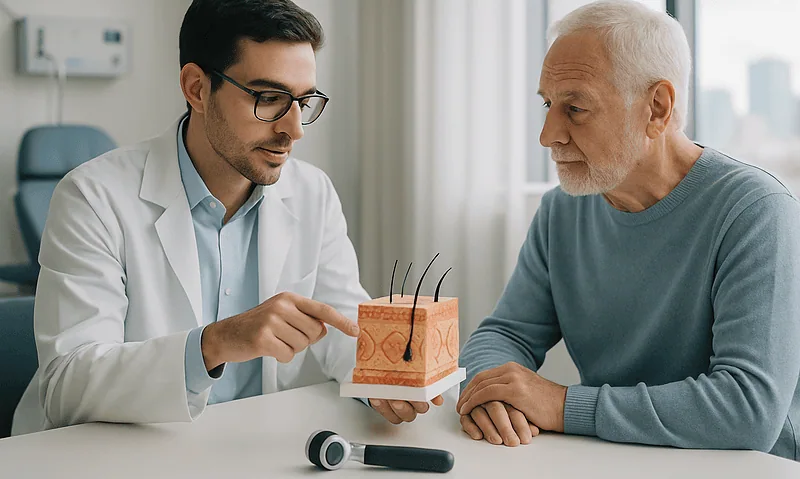 Doctor explaining skin model to elderly patient in consultation room.