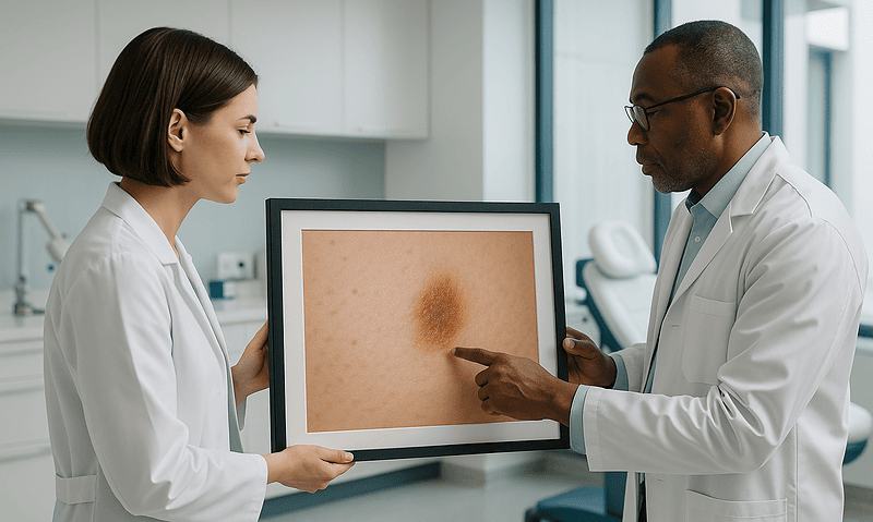 Doctors examining a skin lesion on a monitor in a clinical setting.