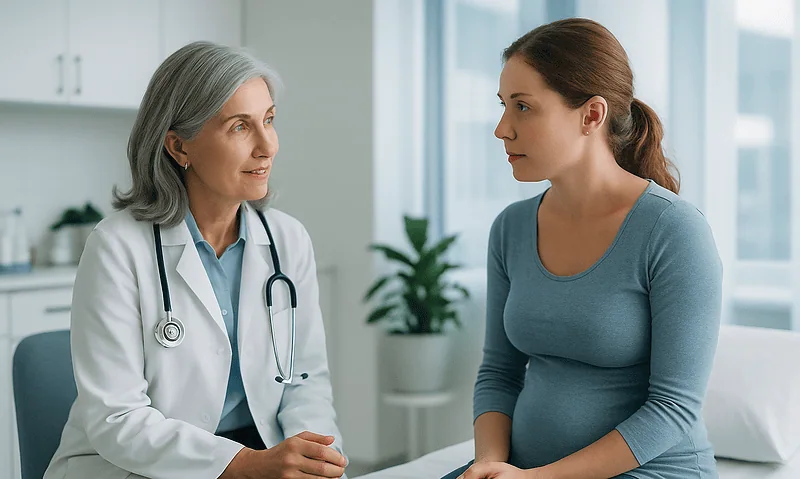 Doctor consulting with a pregnant woman in a medical office.