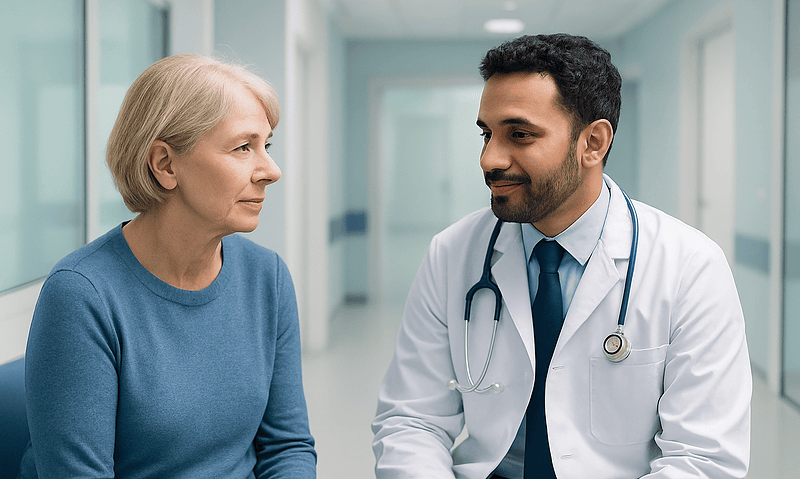 Doctor consulting with an elderly female patient in a hospital corridor.
