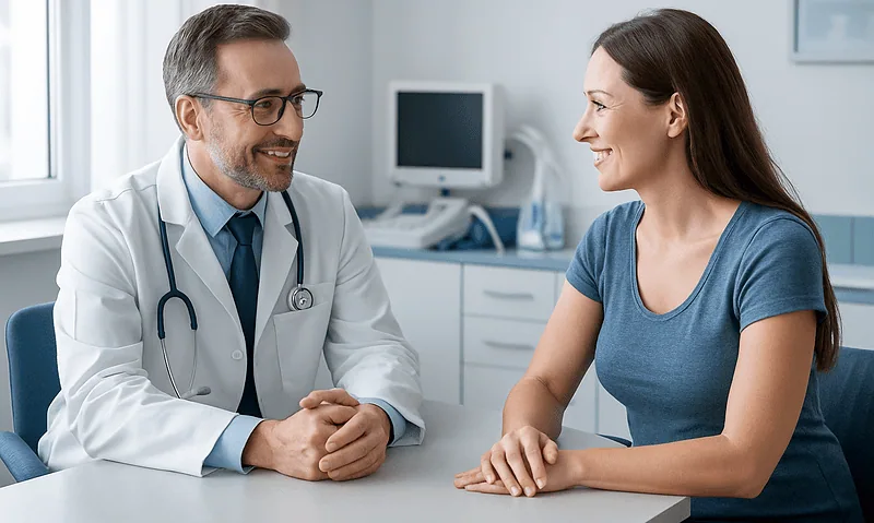 Doctor consulting with a female patient in a medical office.