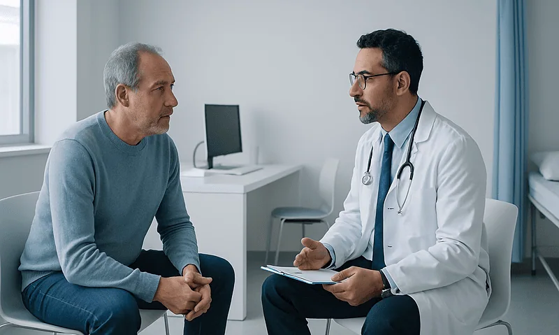Doctor consulting with middle-aged male patient in a medical office.