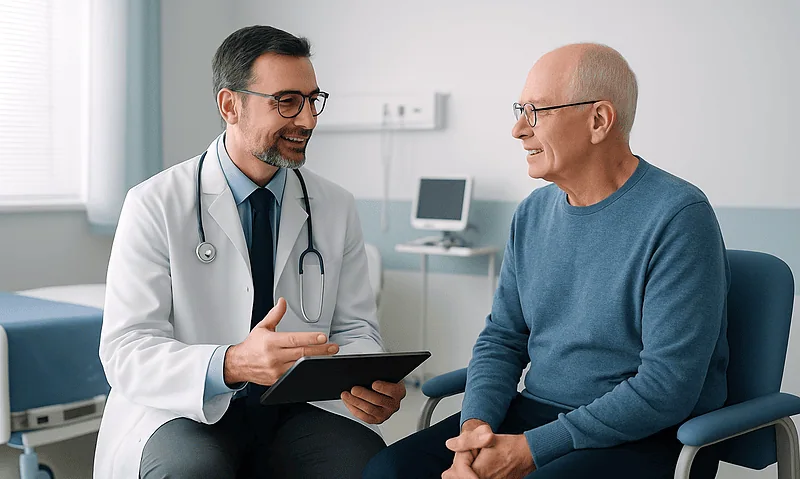 Monitoring Marrow Failure Between Visits: Blood Counts, Infection Signs and Transfusion Needs 4 Doctor consulting with an elderly patient in a hospital room.