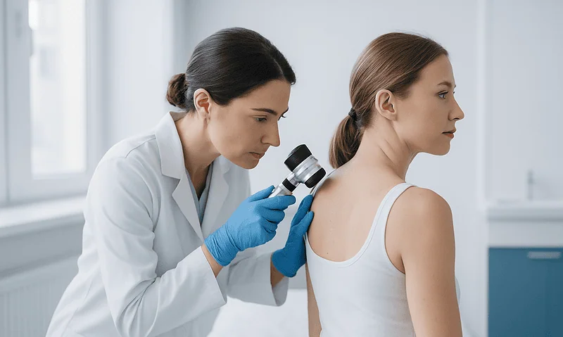 Doctor examining patient's skin with a dermatoscope in a clinical setting.