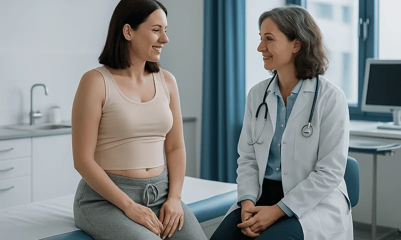 Doctor consulting with a young woman patient in a hospital room.