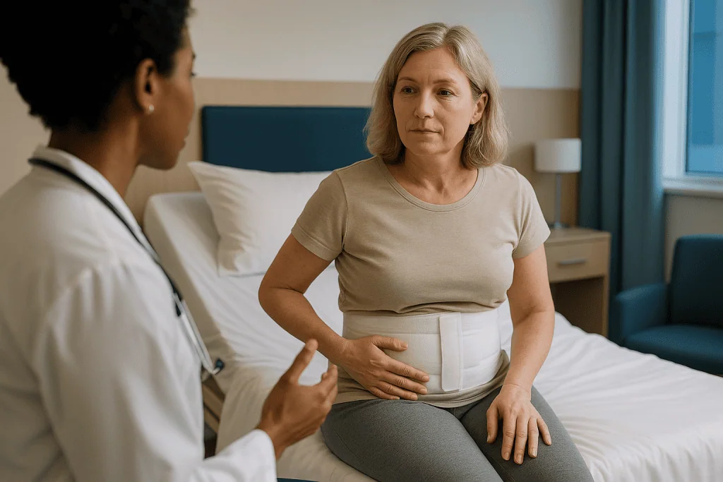 Doctor consulting female patient about abdominal/post-surgical condition: Monsplasty recovery time: what the first six weeks
