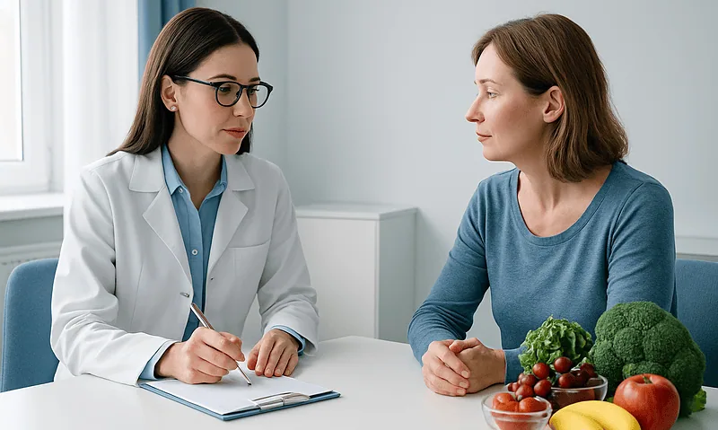 Doctor consulting patient about Moringa benefits with fresh produce on table.