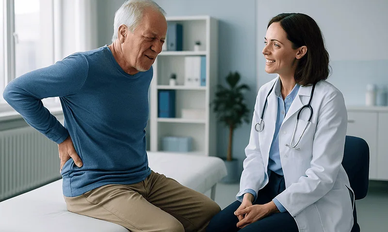 Doctor consulting with an elderly patient about back pain in a clinic.