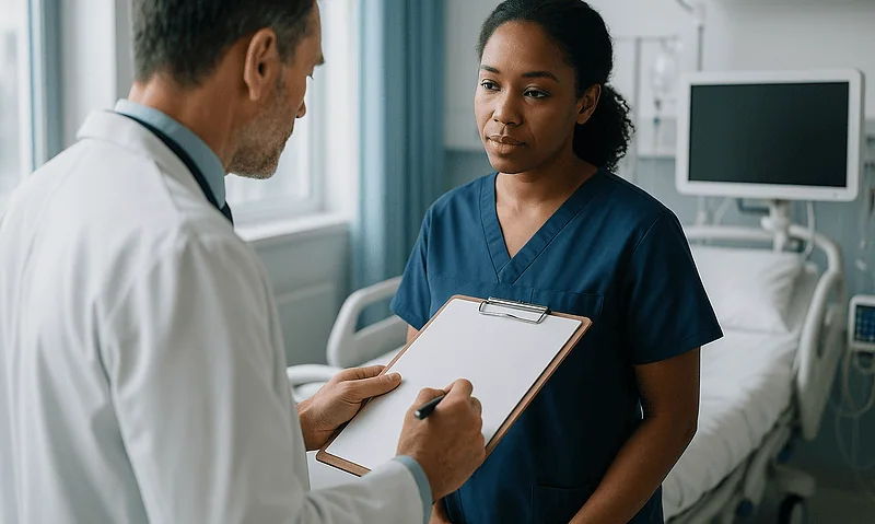 Doctor consulting with nurse in hospital room, discussing patient care.