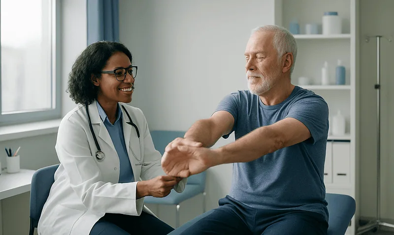 Doctor examining elderly patient's arm in a medical consultation.
