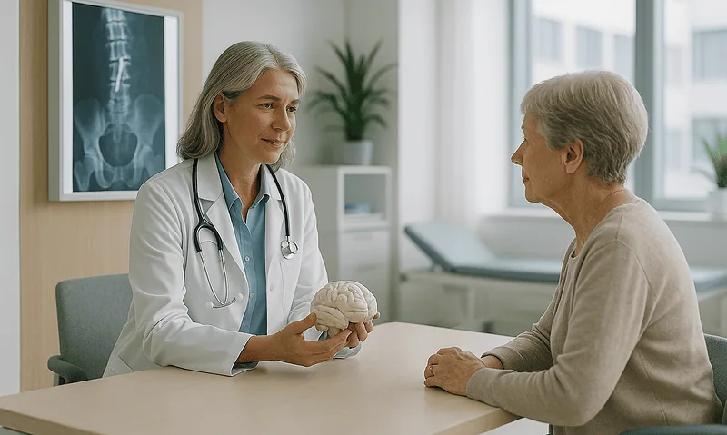 Doctor explaining brain scan to elderly patient in a medical consultation.
