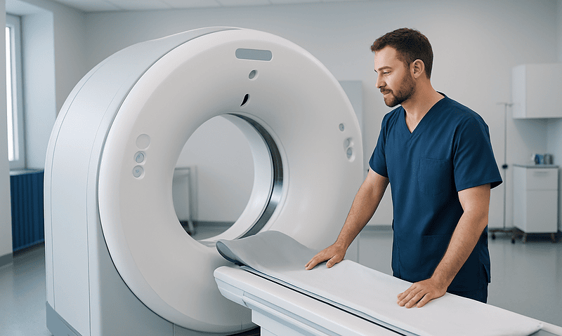 Medical technician prepares MRI scan in a hospital imaging room.