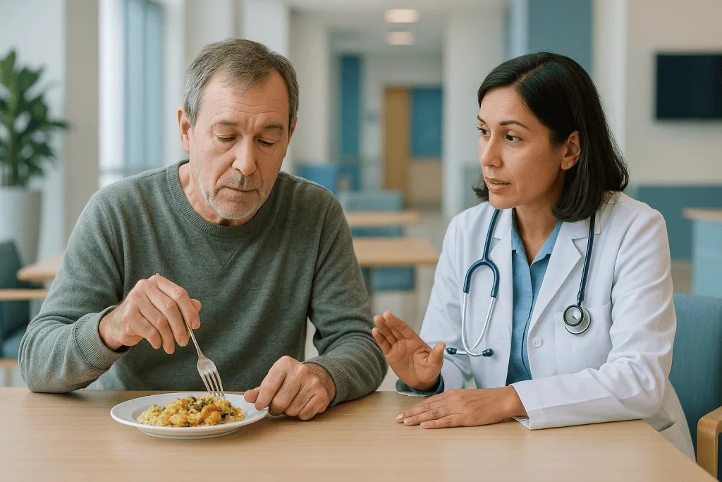 Doctor consulting patient about food and diet: Motor fluctuations and dyskinesia: smoothing the on-off cycle