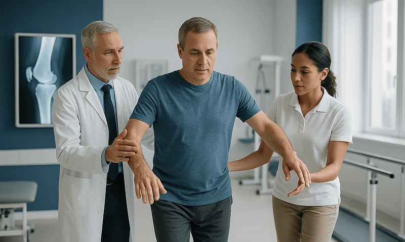 Doctor and nurse examining a patient with arm weakness in a hospital setting.