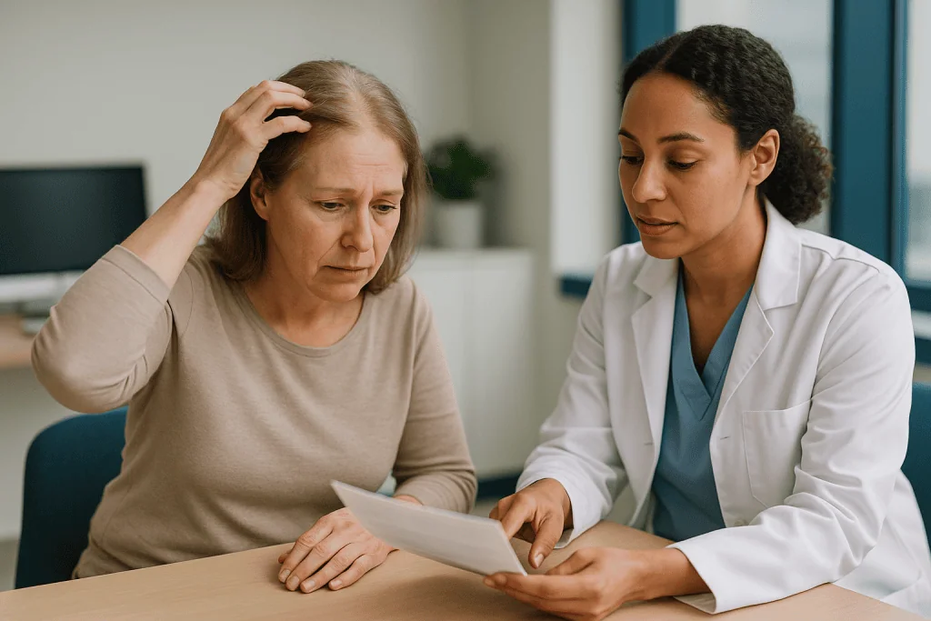 Doctor consulting patient with tablet about medical results: Mounjaro hair loss: what the tirzepatide data add