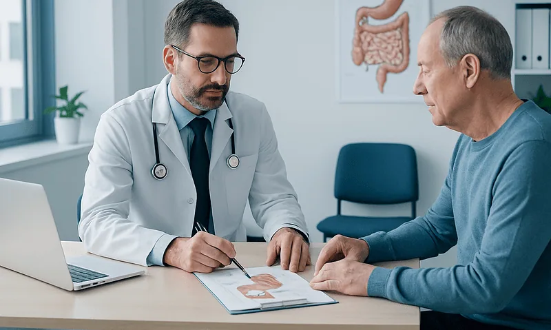 Doctor consulting with elderly patient about digestive health at clinic.