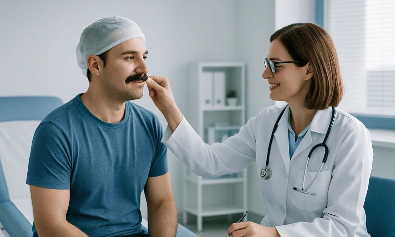 Doctor examining a patient's upper lip for a moustache transplant consultation.