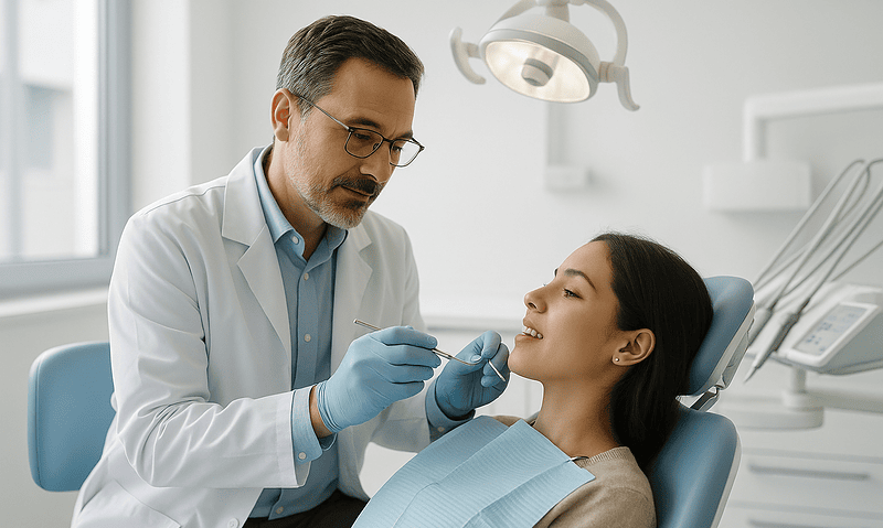 Dentist examining patient's mouth in a dental clinic.