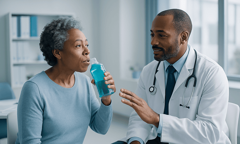 Doctor advising an elderly woman about mouthwash benefits in a clinic setting.