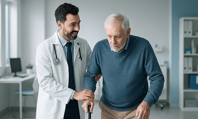 Doctor assisting elderly patient with walking in a medical clinic.