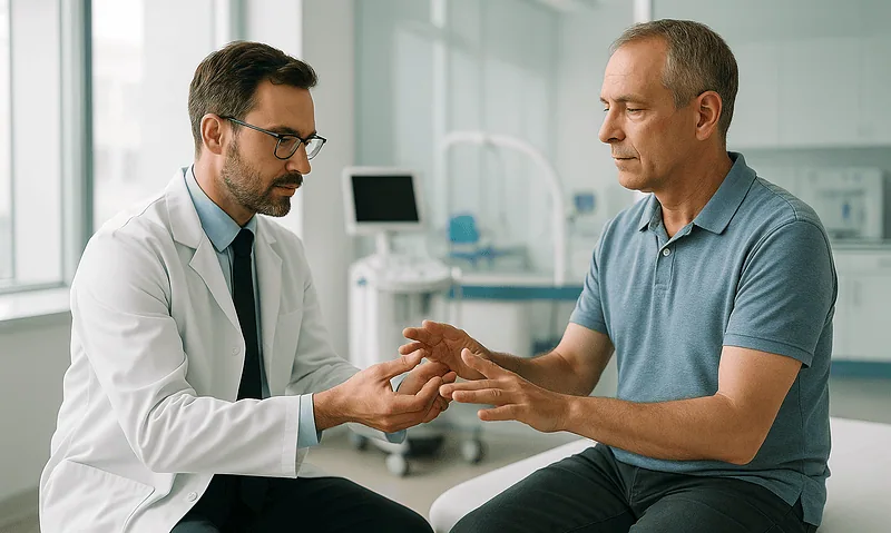 Doctor examining patient's hand in a medical consultation at Acibadem Hospital.