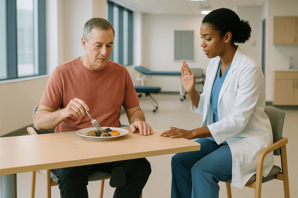Healthcare provider consulting patient about nutrition and diet: Movement: what physical therapy covers after a brain injury
