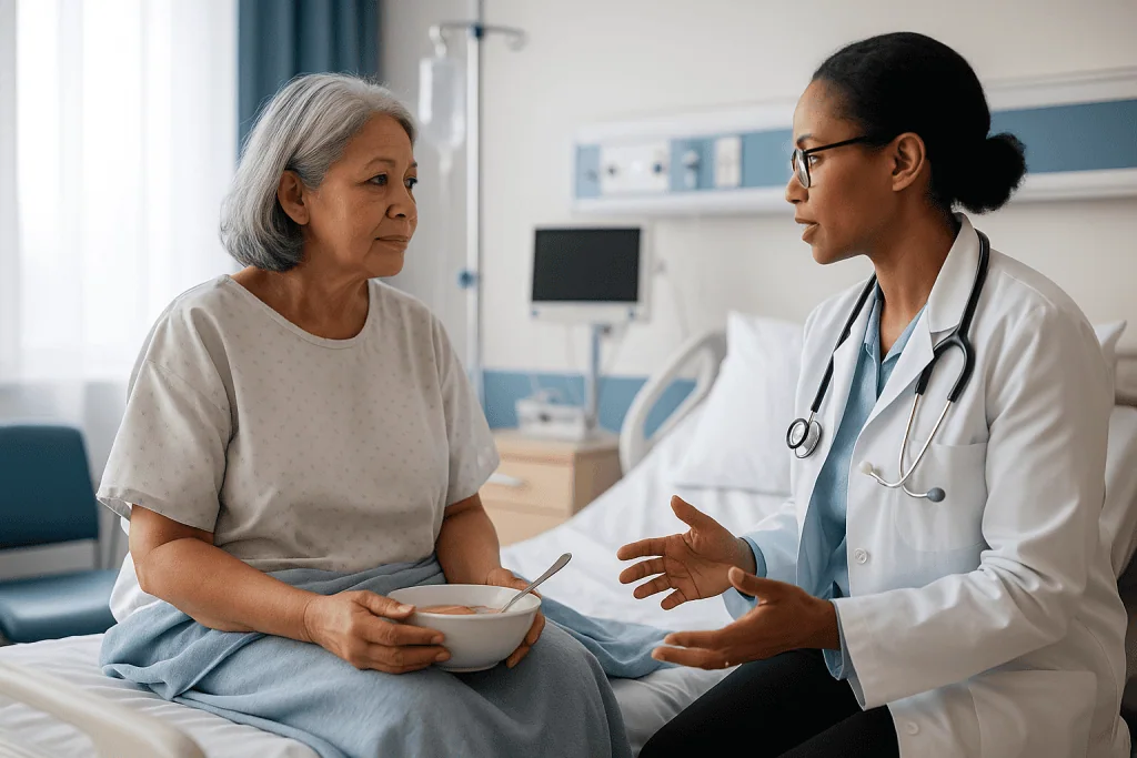Doctor consulting with elderly patient holding soup bowl: Moving to the transplant unit: the first week or two in hospital