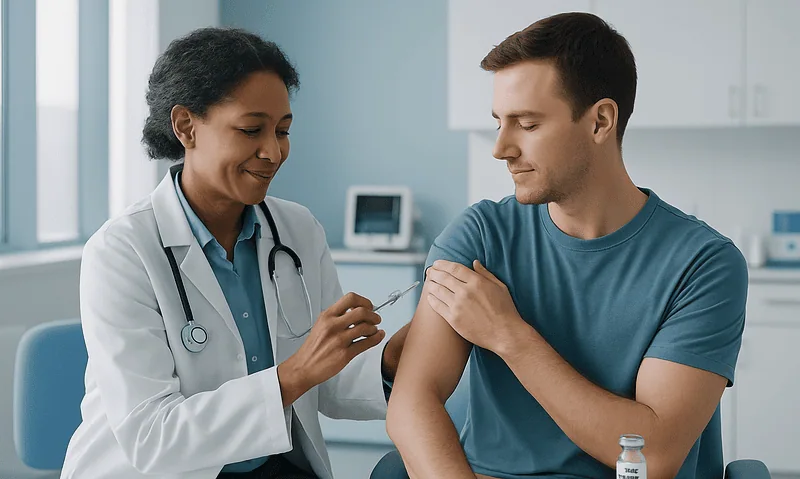 Doctor administering Mpox vaccine to a young man in a clinical setting.