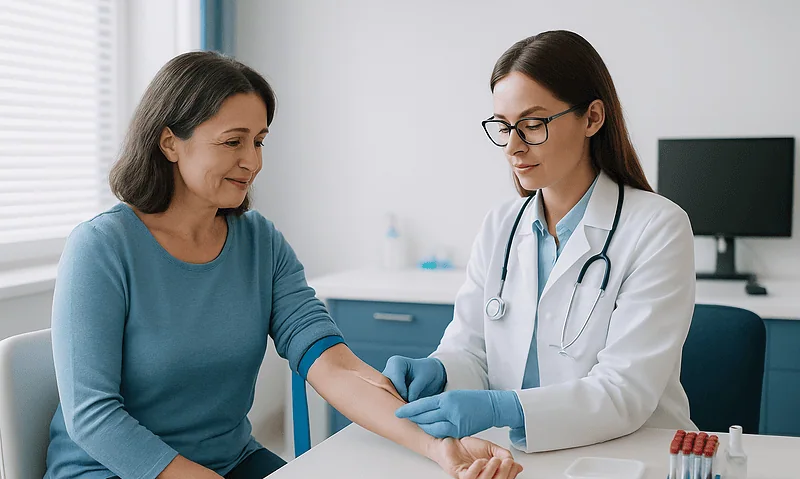Doctor drawing blood from a patient in a clinical setting.