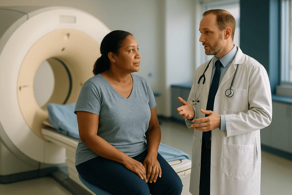 Doctor consulting patient near MRI or CT scanner: MRA vs CTA for aneurysm: when doctors choose magnets over X-rays