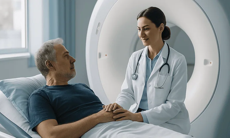 Doctor consulting with a patient during a MRCP scan at Acibadem Hospital.