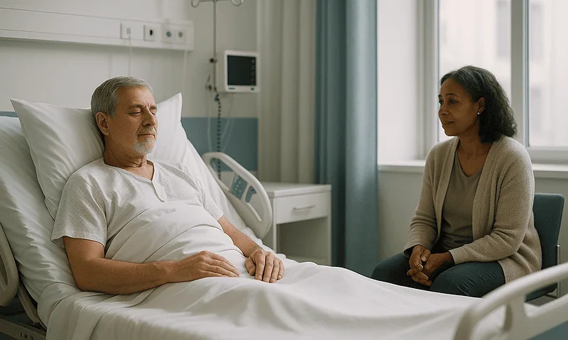Patient and visitor in hospital room at Acibadem Hospitals Group.