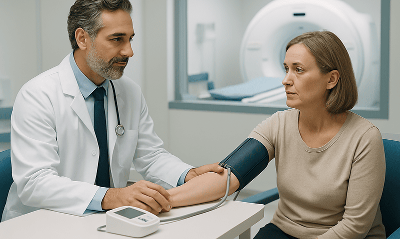 Doctor measuring patient's blood pressure in a hospital setting.