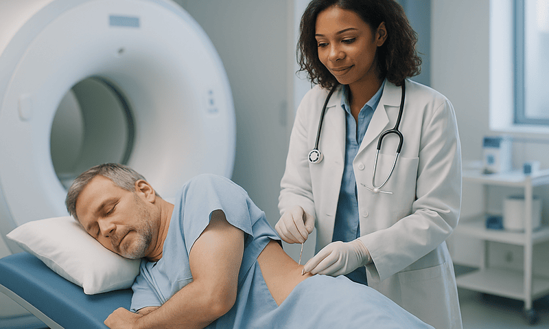MRI, Lumbar Puncture or Evoked Potentials: Which Tests Confirm a Demyelinating Disease? 6 Doctor preparing patient for MRI scan in hospital setting.