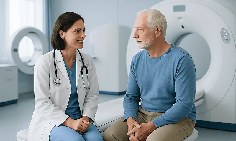 Doctor consulting with an elderly male patient in a hospital MRI room.