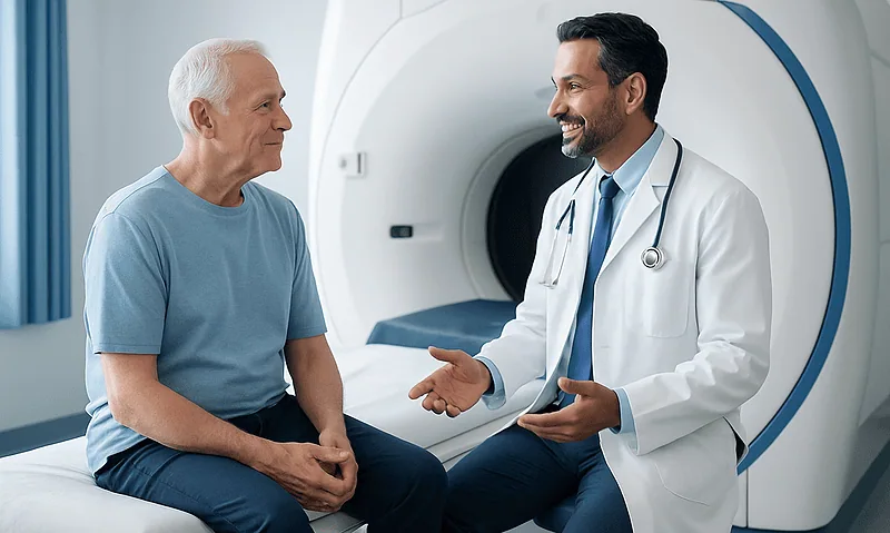 Doctor consulting with elderly patient in MRI room at Acibadem Hospital.