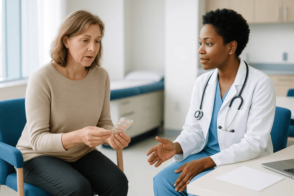 Female doctor consulting patient about medication in clinic: MS relapse treatment vs long term therapy: the one-sentence dif